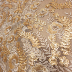 Embroidered Beige Net Fabric with Gold Sequin, and Resham Work