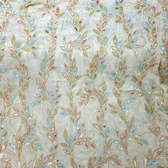 Nura Hand Embroidered Dyeable Shimmer Tissue with all over Vertical Vine Embroidered Multicolor Border