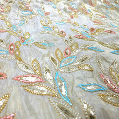 Nura Hand Embroidered Dyeable Shimmer Tissue with all over Vertical Vine Embroidered Multicolor Border