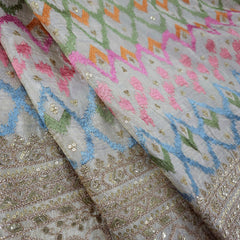 Multicolor Zigzag Resham Embroidered Dyeable Shimmer Tissue with Zari and Sequin work Border