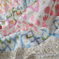 Multicolor Zigzag Resham Embroidered Dyeable Shimmer Tissue with Zari and Sequin work Border