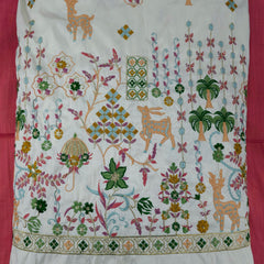 Deer & Palm Multicolor Resham Embroidered on Dyeable Raw Silk Fabric with Zari and Sequin Border