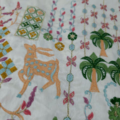 Deer & Palm Multicolor Resham Embroidered on Dyeable Raw Silk Fabric with Zari and Sequin Border