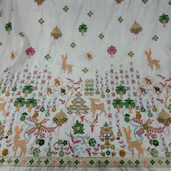 Deer & Palm Multicolor Resham Embroidered on Dyeable Raw Silk Fabric with Zari and Sequin Border