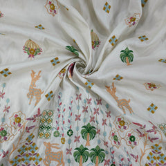 Deer & Palm Multicolor Resham Embroidered on Dyeable Raw Silk Fabric with Zari and Sequin Border