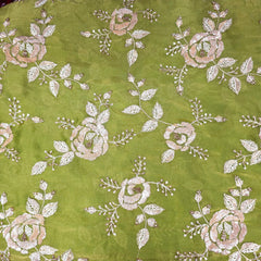 Mirha Hand Embroidered Parrot Green Organza Shimmer Tissue with Sequin Rose Embroidery