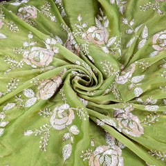 Mirha Hand Embroidered Parrot Green Organza Shimmer Tissue with Sequin Rose Embroidery
