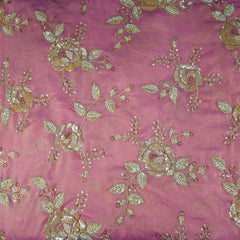 Mirha Hand Embroidered Baby Pink Organza Shimmer Tissue with Sequin Rose Embroidery