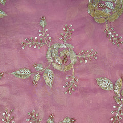 Mirha Hand Embroidered Baby Pink Organza Shimmer Tissue with Sequin Rose Embroidery