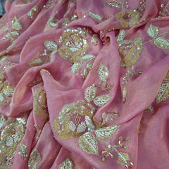 Mirha Hand Embroidered Baby Pink Organza Shimmer Tissue with Sequin Rose Embroidery