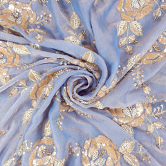 Mirha Hand Embroidered Powder Blue Organza Shimmer Tissue with Sequin Rose Embroidery