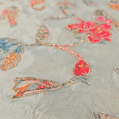 Floral and Bird motif Patchwork on Resham Embroidered Dyeable Shimmer Tissue with Zari, Sequin work