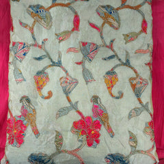 Floral and Bird motif Patchwork on Resham Embroidered Dyeable Shimmer Tissue with Zari, Sequin work