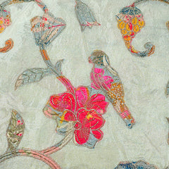 Floral and Bird motif Patchwork on Resham Embroidered Dyeable Shimmer Tissue with Zari, Sequin work