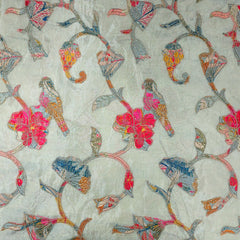 Floral and Bird motif Patchwork on Resham Embroidered Dyeable Shimmer Tissue with Zari, Sequin work