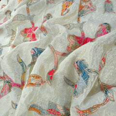 Floral and Bird motif Patchwork on Resham Embroidered Dyeable Shimmer Tissue with Zari, Sequin work