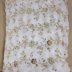 Hand Embroidered Dyeable Georgette Fabric with all over Multicolor Floral Vine Pattern