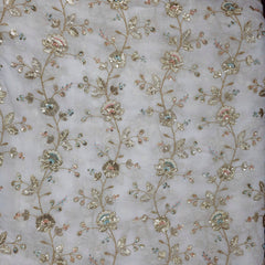 Hand Embroidered Dyeable Georgette Fabric with all over Multicolor Floral Vine Pattern