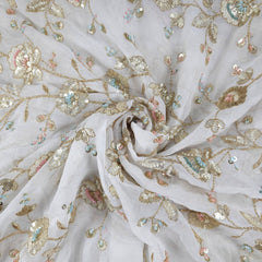 Hand Embroidered Dyeable Georgette Fabric with all over Multicolor Floral Vine Pattern