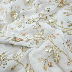 Hand Embroidered Dyeable Georgette Fabric with all over Multicolor Floral Vine Pattern