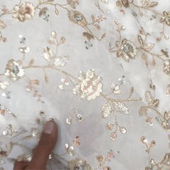 Hand Embroidered Dyeable Georgette Fabric with all over Multicolor Floral Vine Pattern