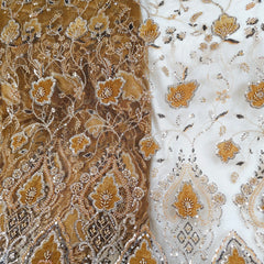 Mustard Yellow Velvet Patchwork Embroidered Net base Fabric with Cutdana & Sequin Work