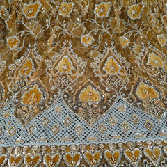 Mustard Yellow Velvet Patchwork Embroidered Net base Fabric with Cutdana & Sequin Work