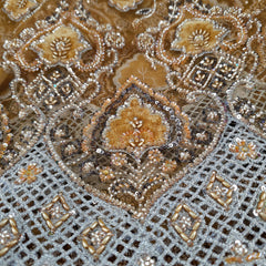 Mustard Yellow Velvet Patchwork Embroidered Net base Fabric with Cutdana & Sequin Work