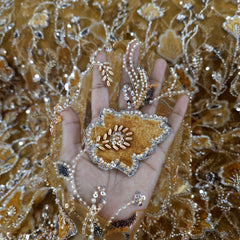 Mustard Yellow Velvet Patchwork Embroidered Net base Fabric with Cutdana & Sequin Work