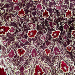 Maroon Velvet Patchwork Embroidered Net base Fabric with Cutdana & Sequin Work