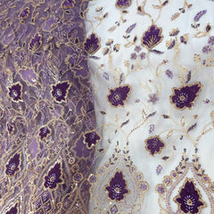 Royal Violet Velvet Patchwork Embroidered Net base Fabric with Cutdana & Sequin Work