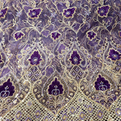 Royal Violet Velvet Patchwork Embroidered Net base Fabric with Cutdana & Sequin Work