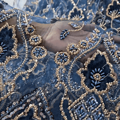 Navy Blue Velvet Patchwork Embroidered Net base Fabric with Cutdana & Sequin Work