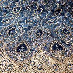 Navy Blue Velvet Patchwork Embroidered Net base Fabric with Cutdana & Sequin Work
