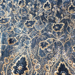 Navy Blue Velvet Patchwork Embroidered Net base Fabric with Cutdana & Sequin Work