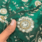Mirha Hand Embroidered Dark Green Organza Shimmer Tissue with Floral Sequin Embroidery