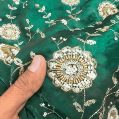 Mirha Hand Embroidered Dark Green Organza Shimmer Tissue with Floral Sequin Embroidery