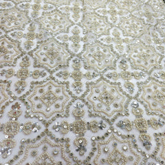 Dyeable Embroidered white Net Fabric with Silver Sequin, Cutdana and White Beads Work