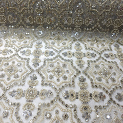 Dyeable Embroidered white Net Fabric with Silver Sequin, Cutdana and White Beads Work