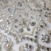 Dyeable Embroidered white Net Fabric with Silver Sequin, Cutdana and White Beads Work