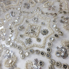 Dyeable Embroidered white Net Fabric with Silver Sequin, Cutdana and White Beads Work