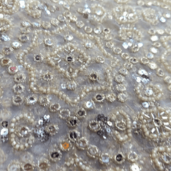 Dyeable Embroidered white Net Fabric with Silver Sequin, Cutdana and White Beads Work