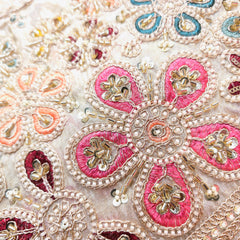 Hand Embroidered Dyeable Shimmer Tissue with Cutdana Beads & Floral Border Work