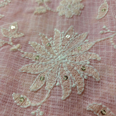 Floral Embroidered Baby Pink Kota Doria Fabric with Sequin Highlights