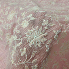 Floral Embroidered Baby Pink Kota Doria Fabric with Sequin Highlights