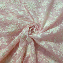 Floral Embroidered Baby Pink Kota Doria Fabric with Sequin Highlights
