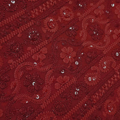Ronak Embroidered Red Hakoba Georgette Fabric with Sequins and Floral Threadwork