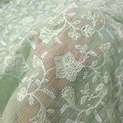 Floral Embroidered Pista Color Kota Doria Fabric with Sequin Highlights