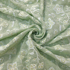 Floral Embroidered Pista Color Kota Doria Fabric with Sequin Highlights