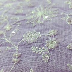 Floral Embroidered Lilace Kota Doria Fabric with Sequin Highlights